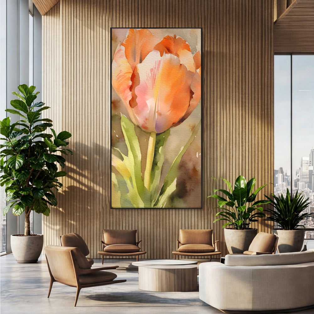 Tablou canvas cu pictura cu o lalea portocalie, in rama de aluminiu negru, pe perete intr-un birou
